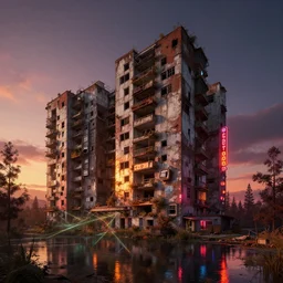 a beautiful photorealistic render of building industrial architecture abandoned nature apartment architecture by denise scott brown, tron darkacademia sunset thermal imaging studio ghibli dramatic lighting retrowave infrared fisheye myst neon signs sunlight lake laser nature, archdaily, wallpaper, highly detailed, trending on artstation.