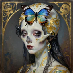 sharp focus extremely hyperrealistic horrifyingly beautiful 3 / 4 portrait oilpainting of bug lady of the skull butterfly portrait by michael hussar in style of michael hussar and rene lalique modern metropolitic artnouveau ceramic effect gild strips like ali franco's paintings 8 k