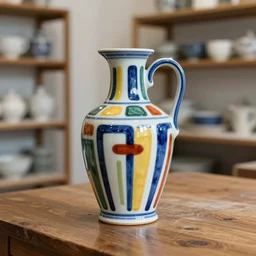 beautiful ceramics studio photograph of a tall colorful geometric symmetrical porcelain jug glazed by paul klee placed on a polished wooden table, hyperrealism 8 k trending on artstation