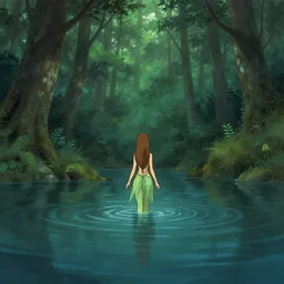 forest nymph rising from the water. view from behind, wide angle view, back view. nuri iyem, james gurney, james jean, greg rutkowski, anato finnstark. trending on artstation.