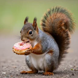 A really fat squirrel eating a donut