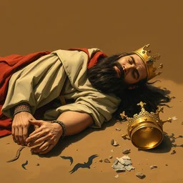 a defeated king sprawled prostrate on the ground in surrender, his crown laying beside him, limited earth tone neutral palette, by petros afshar, anton fadeev, will barnet, beautiful graphic full body portrait, propaganda poster art 1 9 7 0 s illustrated advertising art, painterly character design