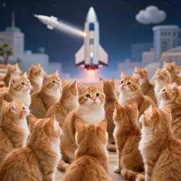 1 9 8 0's color photo of thousand of cute ginger cats looking at starting spaceship at background