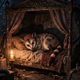 cute hatted possum sleeping inside a bed in a medieval cluttered cottage at night under the dim light of a candle,  dark fantasy, dreaming illusion, trending on artstation