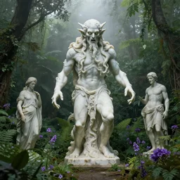 a classical marble statue of an eldritch cthulhu in a lush dense verdant garden by gil elvgren and anton fadeev and albert bierstadt, horror, lovecraftian, mist, hyperrealism, volumetric lighting, god rays, ultrafine details, sfumato, purple flowers, overgrown