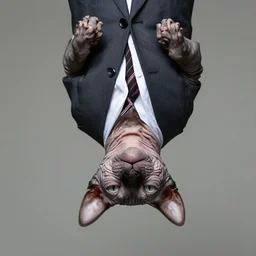 photographic portrait of a wrinkly sad max ernst hairless cat, wearing a suit, upside down, editorial