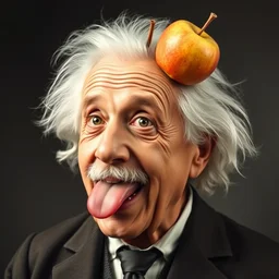 albert einstein sticking out his tongue with an apple on his head
