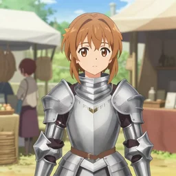anime visual, a young female knight in armor at a medieval open air market exterior shopping at a stall, cute face by ilya kuvshinov, yoh yoshinari, makoto shinkai, dynamic composition, dynamic perspective, cel shaded, flat shading mucha, rounded eyes, moody, detailed facial features, psycho pass, lomography, gustav klimt