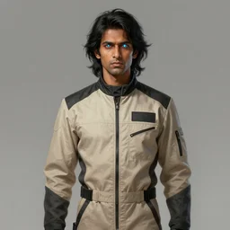 Portrait of a man by Greg Rutkowski, he is about 30 years old, indian, cybernetic eyes implants, messy long black hair, slim and tall, he is wearing utilitarian beige black jumpsuit, highly detailed portrait, digital painting, artstation, concept art, smooth, sharp foccus ilustration, Artstation HQ.