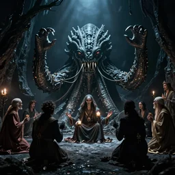 suspensuful scene of cthulhu being summoned by his acolytes during a dark sabbath, suspense, movie still,, horror movie by stanley kubrik