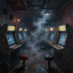 ominous and sinister painting of a smoke filled retro arcade filled with occult arcade cabinets