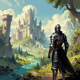 beautiful landscape of fantasy scifi with a knight looking at the castle, surrealism and comic book artstyle by james harren