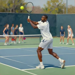 tennis court, ray lewis, ray lewis playing tennis with high school girls, high school girls, oil on canvas, octane render,