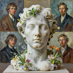 a sculpture portrait made of soap and bubbles and plants and flowers, painting part by wojciech siudmak, part by ilya repin, part by max ernst, part by norman rockwell, artstation