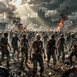 zombie horde apocalypse by, rutkowski, rossier, landis, cinematic, incredible detail, photorealistic, artstation, epic, fantasy