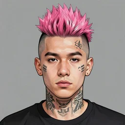 gang member with pink mohawk hairstyle, digital tattoos on face, graphic novel drawing