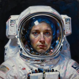 a neoclassicist close - up portrait of a space astronaut with face. reflective spacesuit and helmet. reflective detailed textures. deep blue and pink tones. gloomy dark black background. highly detailed fantasy science fiction portrait oil painting by mikhail vrubel and syd mead. rich colors, high contrast.