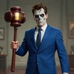 cinematic view of a dead by daylight killer lawyer wearing a blue business suit holding a giant gavel hammer, character portrait, by krenz cushart
