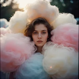 An vintage analog head and shoulder frontal face portrait photography of a woman surrounded by thousand fluffy soft giant! oversized! pastel colorful cotton balls by Maxim Nikolaev. Kodak Portra 800 film. shallow depth of field. (Depth of field). whirl bokeh!!. Golden hour. detailed. hq. realistic. warm light. muted colors. dark Mood. Filmic. Dreamy. lens flare. Mamiya 7ii, f/1.2, symmetrical balance, in-frame