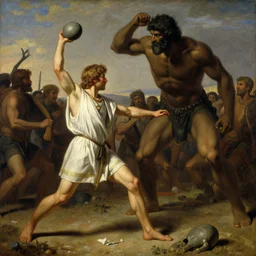 ancient biblical israeli young man david slinging a stone at the philistine giant goliath of gath in battle by anders zorn, wonderful masterpiece by greg rutkowski, beautiful cinematic light, by greg manchess, jessica rossier