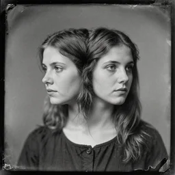 girl with two heads, old vintage photography, damaged photo, daguerreotype, ambrotype, black and white, archive, film artifacts, scratches, tears, hyperrealistic, ultra detailed