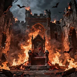 Detailed Interior of the Burning Castle Ruins, Embers, Smoke billows, destruction walls, the ashen throne, bats flock, stunning atmosphere, in Style of Peter Mohrbacher, cinematic lighting