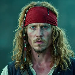 portrait photo an albino pirate Man with red headband and very short curly blonde hair, 70mm sigma lens, cinematic lighting, movie still, HD, teal color graded