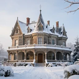 a victorian castel covered in snow, winter wonderland, cinematic lighting, photo realistic, ultra realistic, ultra detailed,