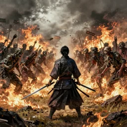 Samurai holding his sword and facing a horde of zombies in a burning field, hyperdetailed, artstation