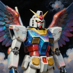 a baroque neoclassicist renaissance close - up portrait of a minimalist colorful iridescent whimsical 1 8 0 0 s japanese mecha gundam hawk eagle falcon bird with big glowing eyes and wings. reflective detailed textures. puffy clouds, dark black background. highly detailed fantasy science fic tion painting by moebius, norman rockwell, frank frazetta, and syd mead. rich colors, high contrast. artstation