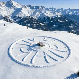 aerial photo of crop circle made of snow in the alps