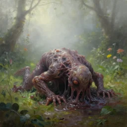 psychological horror movie still, amorphous, gooey life form crawling over a garden in a beautiful foggy morning. oil painting, indie concept art, bloom, chiaroscuro, backlighting, intricate details, depth of field.