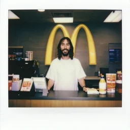 jesus working the front counter of mcdonald's ready to take your order, eighties polaroid, flash photography, photorealistic, kodachrome