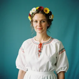 a photograph of pleasant nordic woman wearing a white folkdrakt dress, she has a summer flower headband. against a teal studio backdrop. strong kodak portra 4 0 0 film look. film grain. cinematic. in - focus