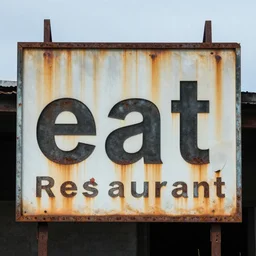 an abandoned restaurant with a sign saying eat, one of the letters is missing, and the sign is completely rusted.