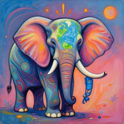 painting of a psychedelic elephant listening to earth rhythm