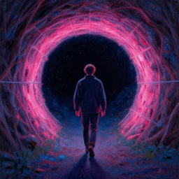 a beautiful painting of a person walking out of a stargate by sylvain sarrailh 8 k particulate neon light film grain