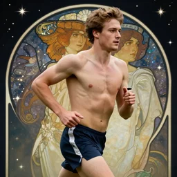 close up portrait, ian bohen jogging in short shorts, starlight background, alphonse mucha, rhads, ross tran, artstation, artgerm, octane render, 1 6 k