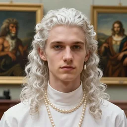 a skinny young white male with long slicked back curly hair close-up portrait of young white male wizard, with white hair shoulder length slicked back hair, with pearl necklace and pearl earing, in the museum, in white turtleneck shirt, Tarzan, painting in the museum, highly detailed, sharp focus, digital painting, artwork by Kinkade, by Victor Adame Minguez by Tom Lovell by Leyendecker by Sandro Botticelli