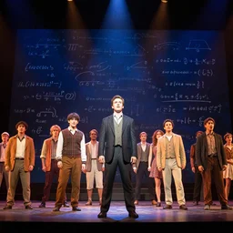 mathematics the musical on broadway, full cast, math equations in the background, pi phi e, playbill photo, stage lighting