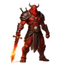 red bugbear, class hunter, d & d, dungeons and dragons eastern, holding flaming sword, beard, male, character design on white background, gnarly details, by kim jung giu, trending on artstation, denoised