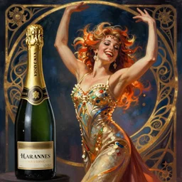 art nouveau champagne with a happy girl dancing cancan