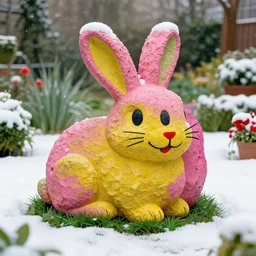 a garden filled rabbit shape pink rock, by m. c. escher, yellow, green, red, snowy, ultra sharp, ultra detailed, happy, uplifting, colorized by salvador dali