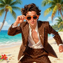 Timothee Chalamet, the most beautiful androgynous man in the world, intense painting, sunny day at beach, tropical island, +++ super supper supper dynamic pose,  digital art, +++ +++ quality j.c. leyendecker, limited edition, shiny, ++++ super veiny hands, thick eyebrows, masculine appeal high fashion, wearing orange sunglasses, crystal blue eyes, louis vuitton suit, wearing a suit, important, very very very rich, smirking, looking at the ocean, palm trees, tropical flowers