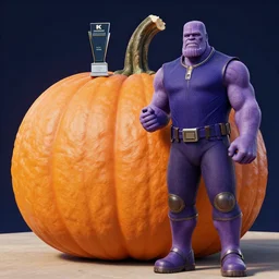 Thanos standing beside his award-winning, best in show giant pumpkin, 4k photo, award-winning