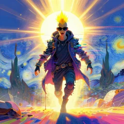 an angelic hacker with a yellow mohawk in vast cyberspace glitching through the sunshine, sunburst background, wearing sunglasses, futuristic clothes, vibrant colors, glitchy, rule of thirds, spotlight, drips of paint, expressive, passionate, by greg rutkowski, by jeremy mann, by francoise nielly, by van gogh, digital painting