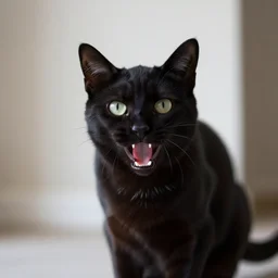 a photo of a hungry black cat, 4 k, ƒ / 8, focal length : 3 6 mm,
