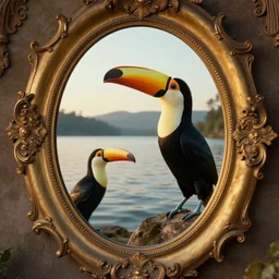 lake and toucan inside an intricate wide oval mirror, mirror image, cinematic, filmic, wildlife photography, x - ray, ray tracing reflections, insanely detailed and intricate, hypermaximalist, elegant, ornate, hyper realistic, super detailed, golden hour