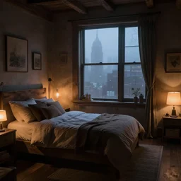 cozy rustic bedroom that is dimly lit with a night view of new york in heavy mist, highly detailed, artstation, photography