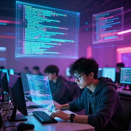 a genius student in glasses is taking computer science examination, holographic program code written on the sky, synthwave, bright neon colors, highly detailed, cinematic, panoramic, shocking, tim white, michael whelan, roger dean, bob eggleton, lisa frank, vladimir kush, kubrick, kimura, isono